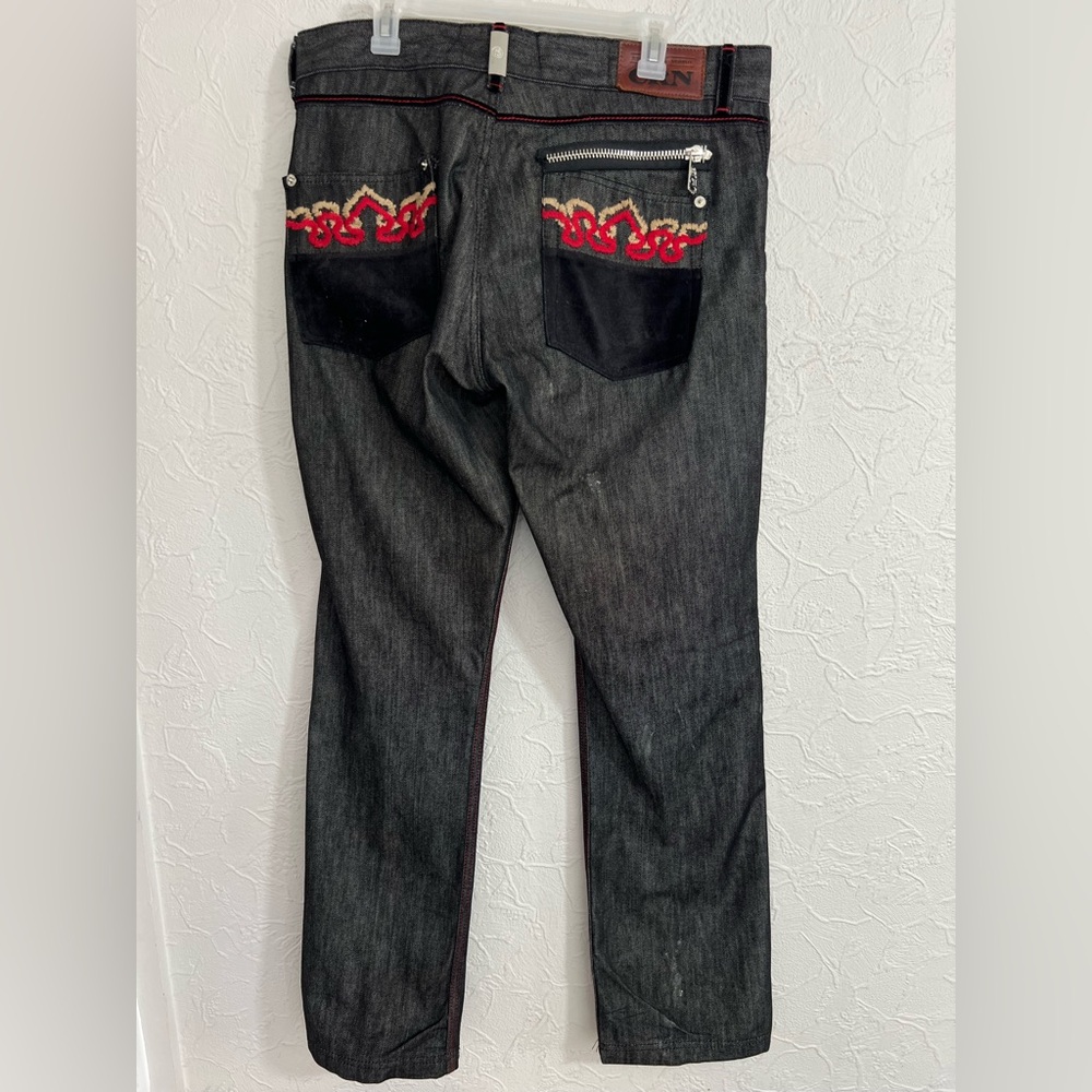 Crown Holder Jeans Men 36x34 Black Denim Wide Leg Embroidered Stitch Vintage Y2K